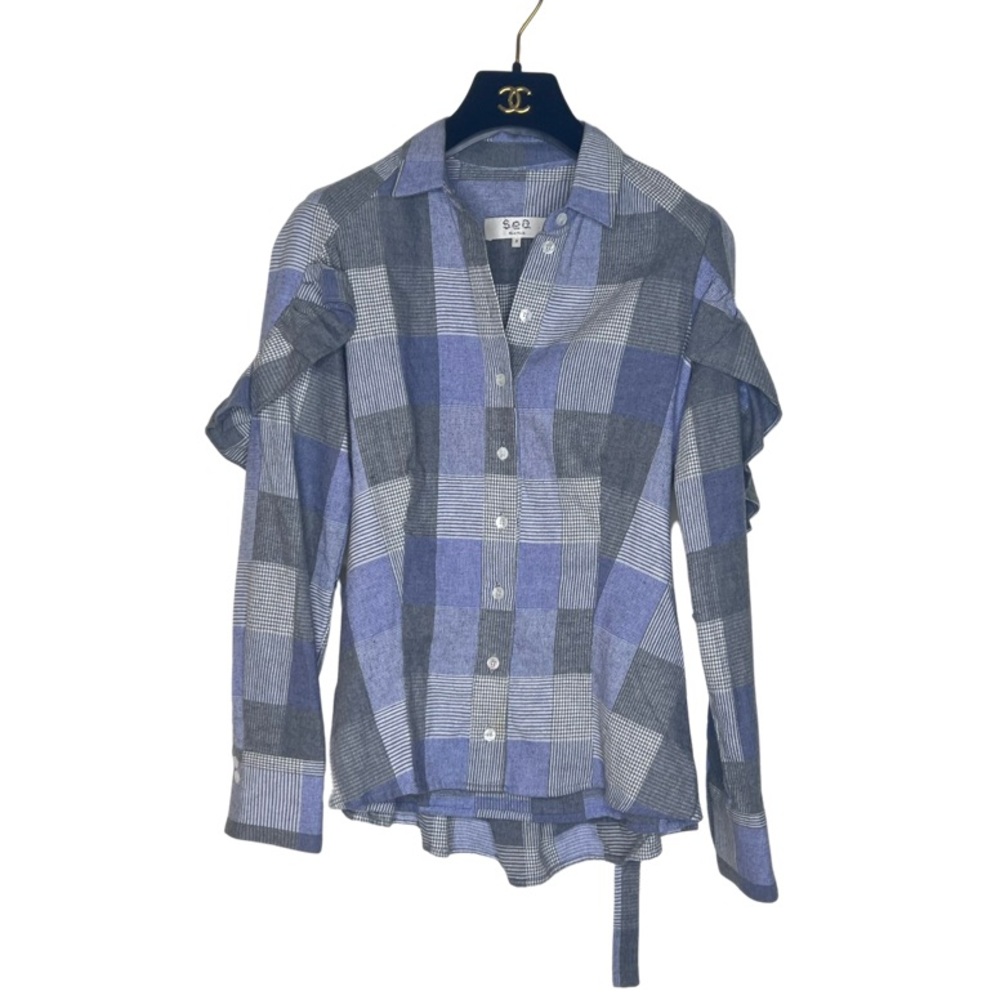 Sea New York Plaid Long Sleeve Ruffle Button Top XS 0